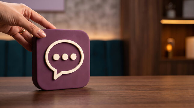 Chat bubble with three dots on a purple tile signals someone typing a text message, live conversation and instant messaging in social media apps and group chats