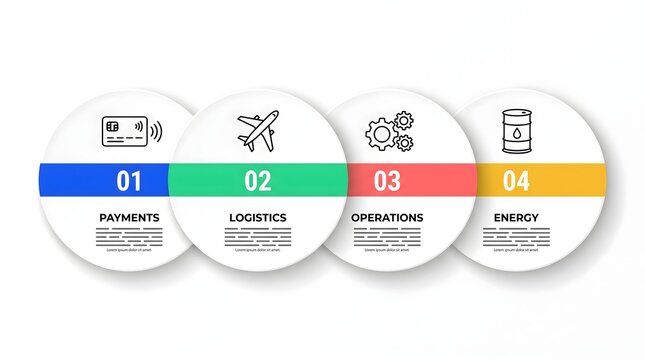Infographic with four circular sections illustrating key business concepts payments logistics operations and energy with icons and numbered steps.