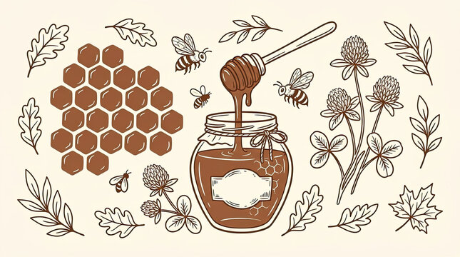Vector drawn art honey jar with dipper and bees clover flowers sweet honey bee illustration honey pot organic food honeycomb pattern farm product