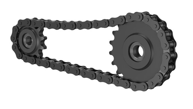 3d rendering of a chain around two sprockets