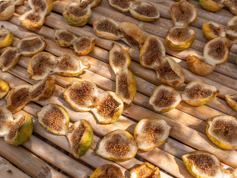 Dried Green Figs Spread out on Reed for Sun Exposure