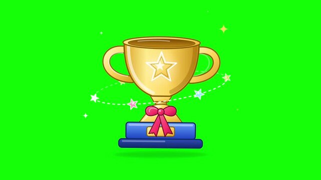 Golden trophy award rotating star animation over green screen background for victory achievement celebration projects