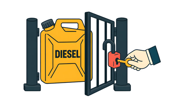 Easing energy sanctions and fuel trade restrictions, hand unlocking a gate for a diesel can  isolate on a white background