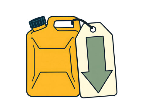 Fuel price reduction and energy cost savings, yellow canister with a downward arrow price tag isolate on a white background