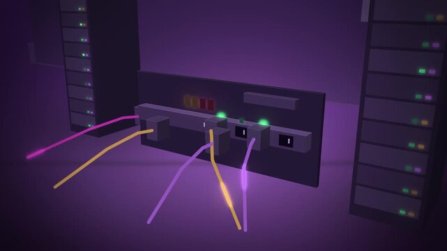 Purple rack PDU with power cords plugging in in server hall room scene
