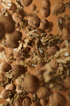 Closeup of Flying Walnuts and Kernels