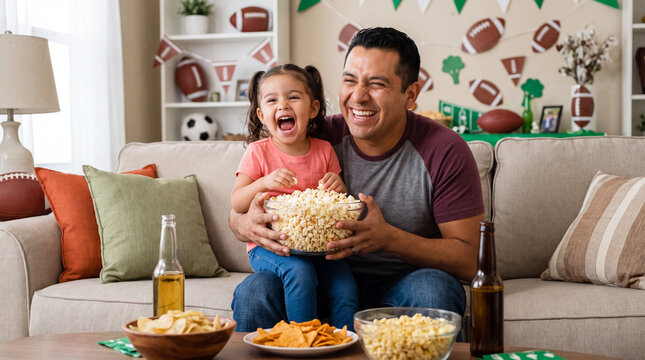 A Latino father and little girl share a popcorn bowl while cheering, perfect for sweet Big Game Day family bonding visuals.