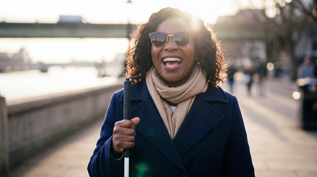 A middle-aged Black visually impaired woman with a white cane laughs by the riverside path for World Braille Day inclusion banners.