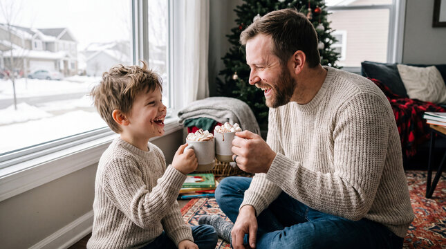 A father and son clink cocoa mugs and laugh on a rug by the window, ideal for content Hot Cocoa Day family marketing banners.