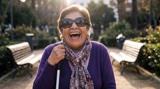An elderly Latina visually impaired woman with a white cane laughs on a garden bench for World Braille Day dignity posters.