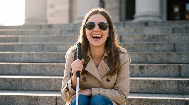 A young white visually impaired woman with a white cane laughs on library steps for World Braille Day accessibility banners.