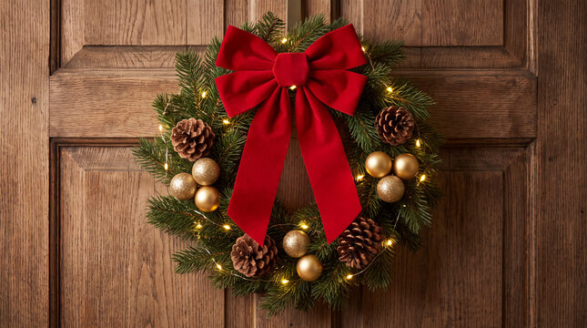 Wreath on wooden door brings cozy December winter holiday home celebration with festive Christmas season decoration for backgrounds.