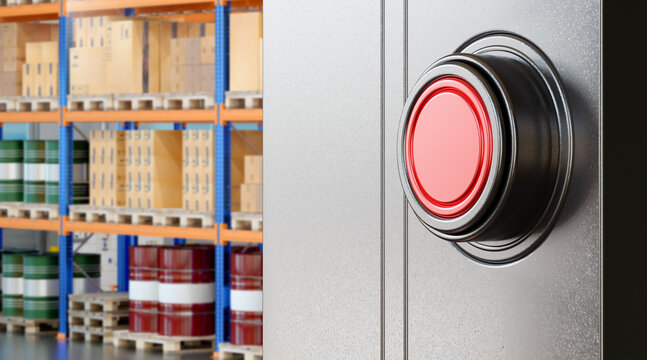 Warehouse safety, emergency stop button controls industrial equipment near storage racks with boxes, drums and pallets, 3D image