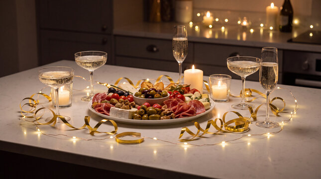 Kitchen island appetizers and champagne brings festive December New Year's Eve holiday winter season countdown celebration party decoration for banners.