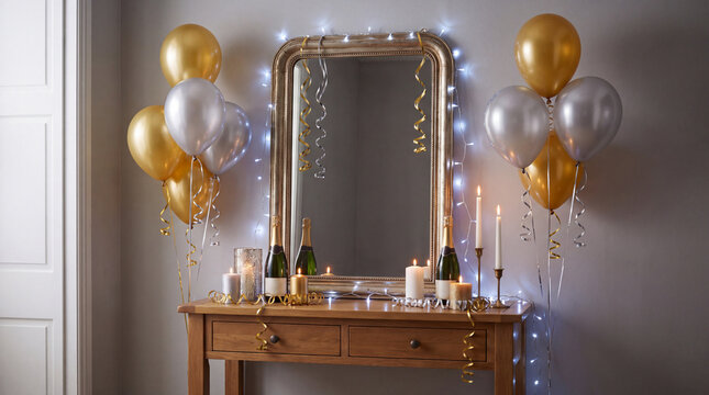Entryway console mirror and champagne brings festive December New Year's Eve holiday winter season countdown celebration party decoration for backgrounds.
