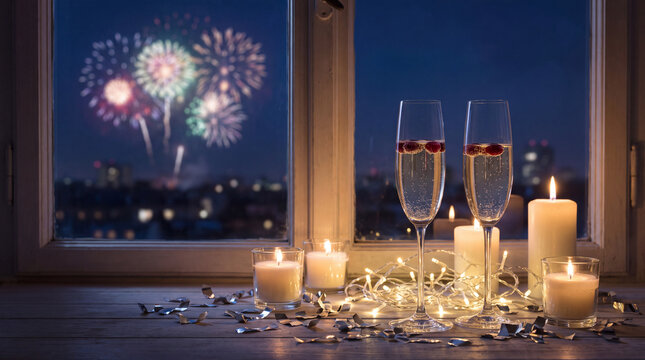 Windowsill fireworks night view brings festive December New Year's Eve holiday winter season countdown celebration party decoration for posters.
