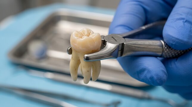 Dental extraction process showing gloved hands holding extracted