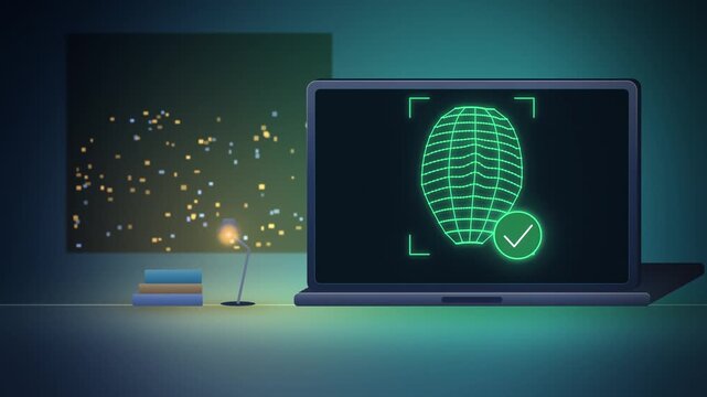 Blue laptop facial recognition scan unlocking with mesh room scene