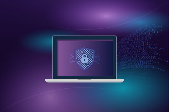 Laptop mockup with digital security shield and lock on abstract dotted binary code dark purple background