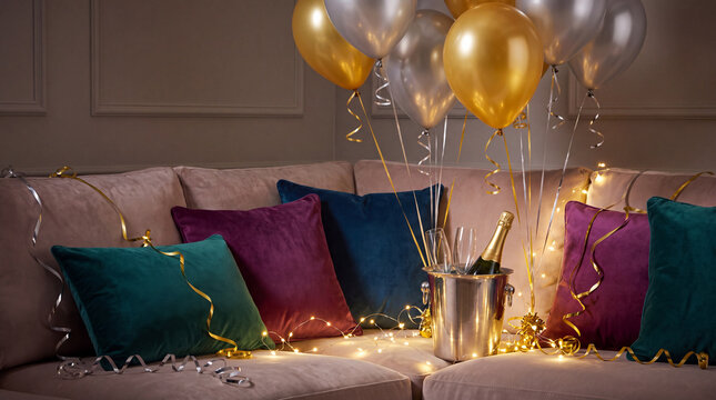 Sofa corner velvet pillows brings festive December New Year's Eve holiday winter season countdown celebration party decoration for banners.