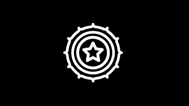 Animated white star shield emblem on black background, abstract motion graphics