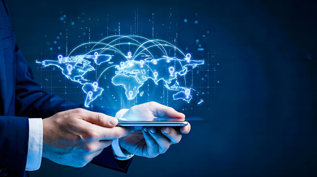 Businessman holding smartphone with glowing holographic world map, global network connections, and data transfer interface for international business and technology concepts
