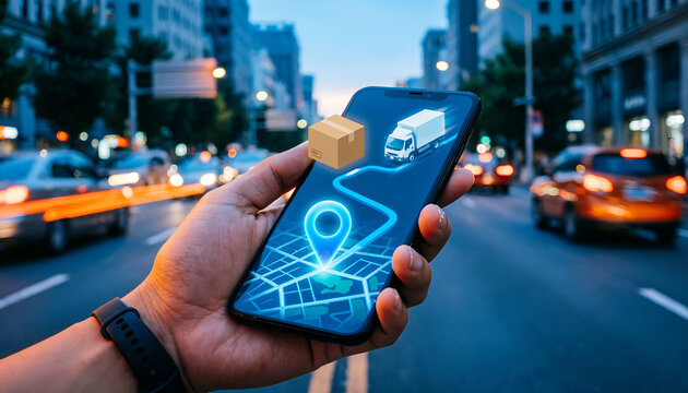 Hand holding smartphone displaying delivery tracking app with route map, package box, and delivery truck against a city traffic background

