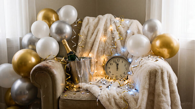 Cozy corner fur throw balloons brings festive December New Year's Eve holiday winter season countdown celebration party decoration for posters.