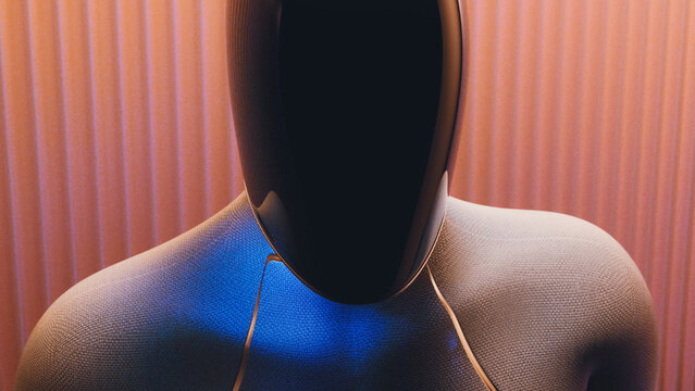 Front Portrait of Domestic AI Robot with Blue Light
