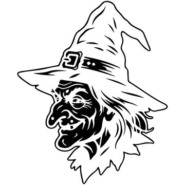 Halloween witch with pointed hat exaggerated grin and broomstick