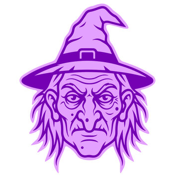 Halloween witch character with pointed hat wrinkled face and wild