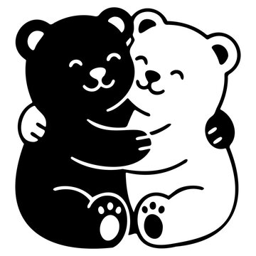 Valentines day cartoon bears hugging cuddling sitting black and white