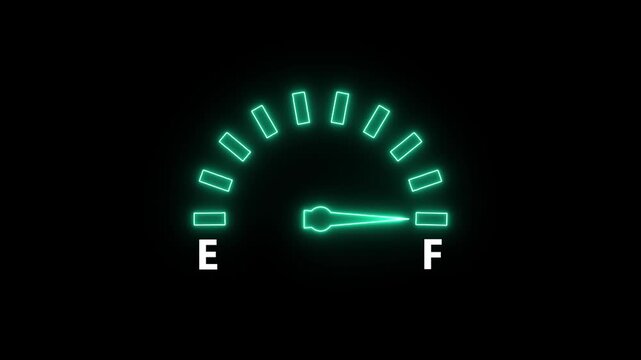 Abstract glowing neon green colours bike fuel meter with fuel end and full writing animation on black background.