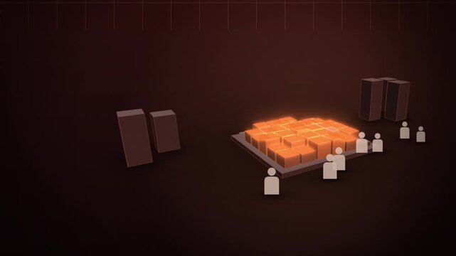 Tiles doubling and rising as exponential growth room scene assembling