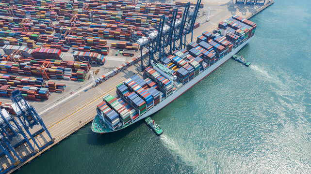 Aerial Overlook of Busy Container Terminal