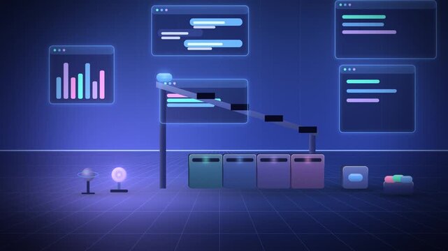 Blue token sorter dropping tokens into bins wide scene endless loop