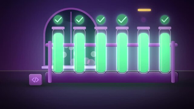 Purple tubes passing automated tests AI coding close-up