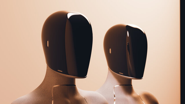 Two Domestic AI Robots Standing Together in Minimal Interior