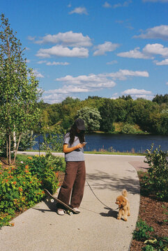 A person walks a dog while checking their phone near a lake