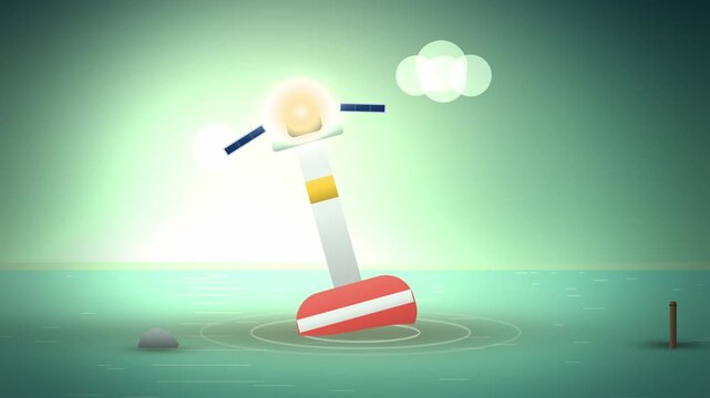 Green wave energy buoy bobbing on the sea centered view endless loop