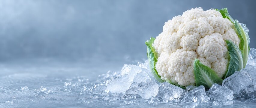 Fresh White Cauliflower Surrounded by Crushed Ice on Cool Blue Background