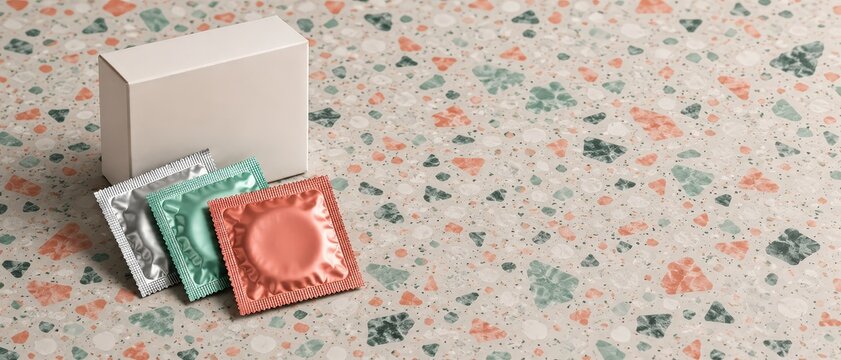 Blank white box mockup with silver green and coral condom packets on terrazzo floor background with copyspace