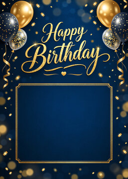 Premium elegant happy birthday greeting card template with gold balloons, confetti, and blank copy space on navy blue background