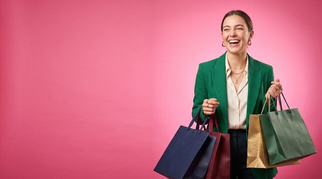 Happy Woman with Colorful Shopping Bags on Pink Background for National Shopping Day Sale