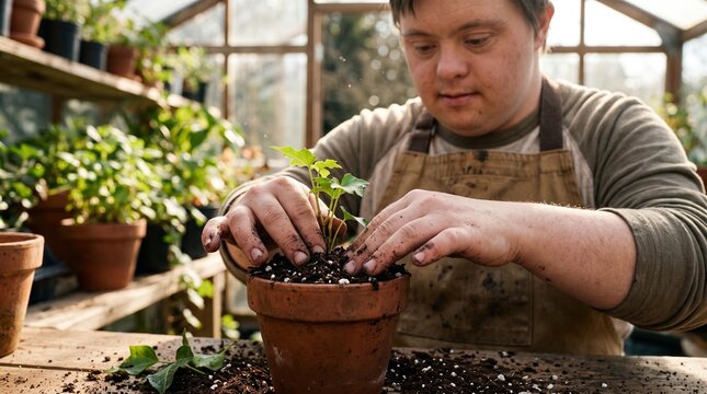 Close Up of Person with Down Syndrome Working in Greenhouse Nursery