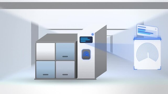 Fingerprint scanner parcel locker station unlocking perspective view