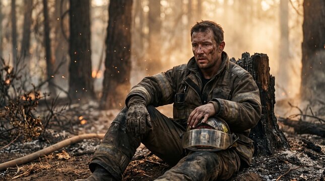 Exhausted Firefighter Portrait After Fighting Wildfire