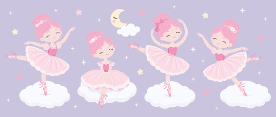 Cute little ballerina girls in pink tutus dancing on fluffy clouds against a pastel lavender sky with moon, stars and hearts. Dreamy kawaii ballet princess clipart set for nursery and kids decor © yuliabikirova