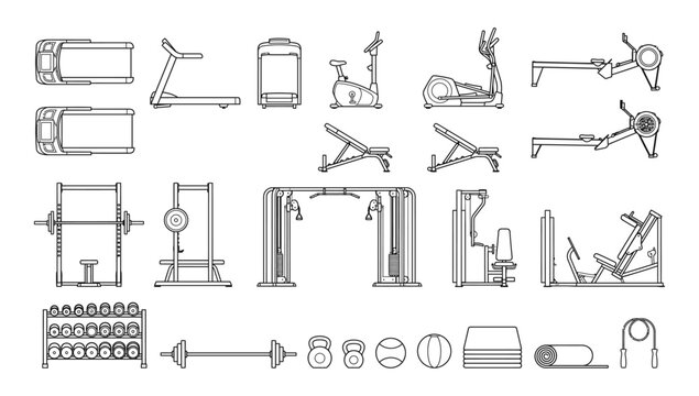 Top view gym equipment floor plan vector set. Thin line fitness machine icons for treadmills, bikes, weights and training stations for gym layout, CAD plans and fitness center design