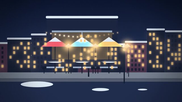 Cafe terrace with patio heaters on snowy city street at night design